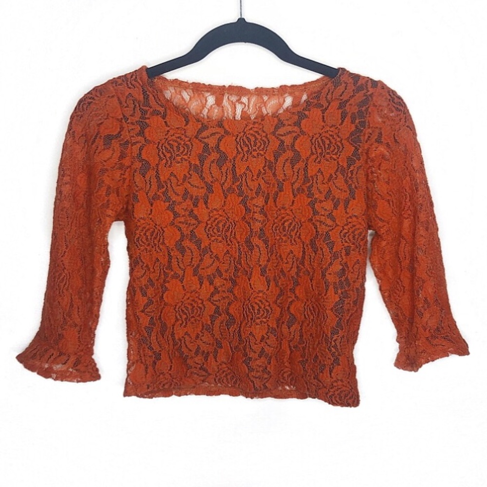 Rusty Orange Lace Crop Top With Bell Sleeves